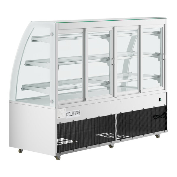 An Avantco white 3-shelf curved glass dry bakery display case.