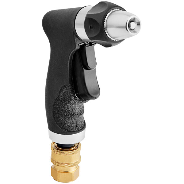 A black and gold spray gun attached to a black and silver Regency hose reel.