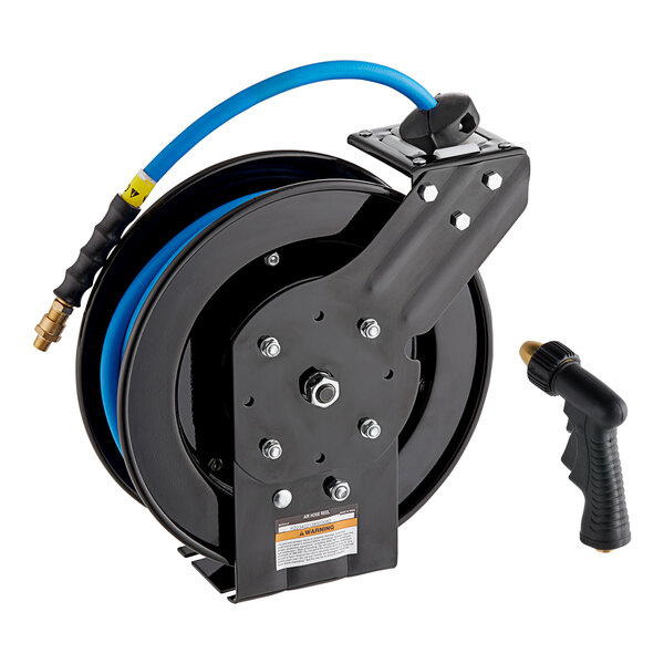 A powder-coated steel hose reel with a 30-foot blue hose and a black spray water gun.