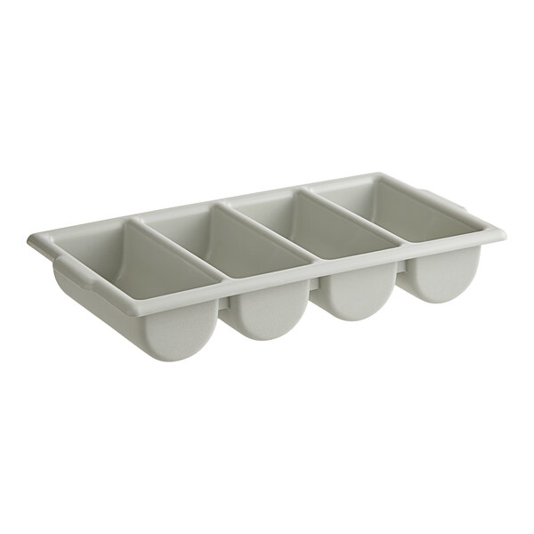 A gray plastic Tablecraft flatware bin with four compartments.