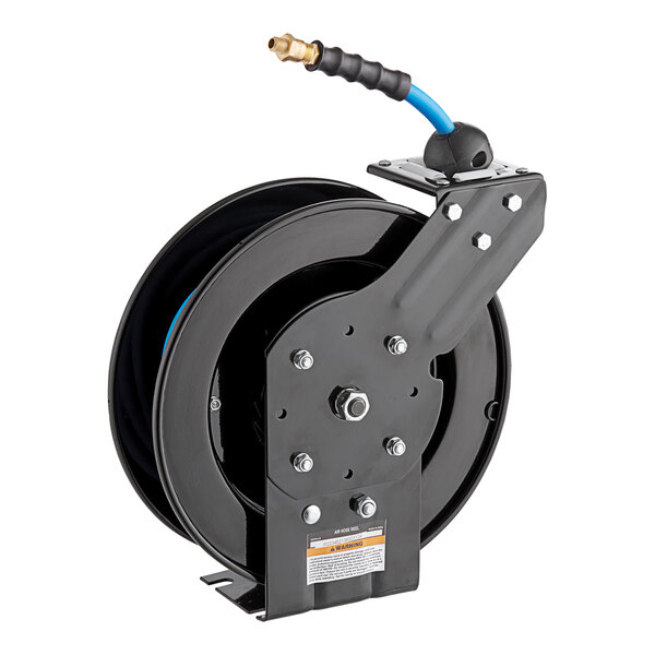 A white powder-coated steel Regency hose reel with a black and blue hose attached.