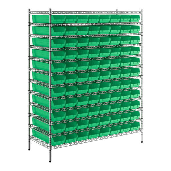 A Regency metal wire shelving unit with green bins on the shelves.