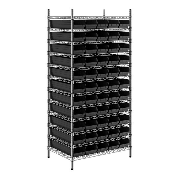 A metal wire shelving unit with black bins on the shelves.