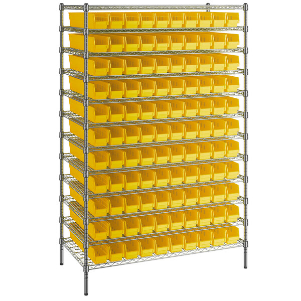 Regency 12 x 60 x 74 Wire Shelving Unit with 88 Yellow Bins