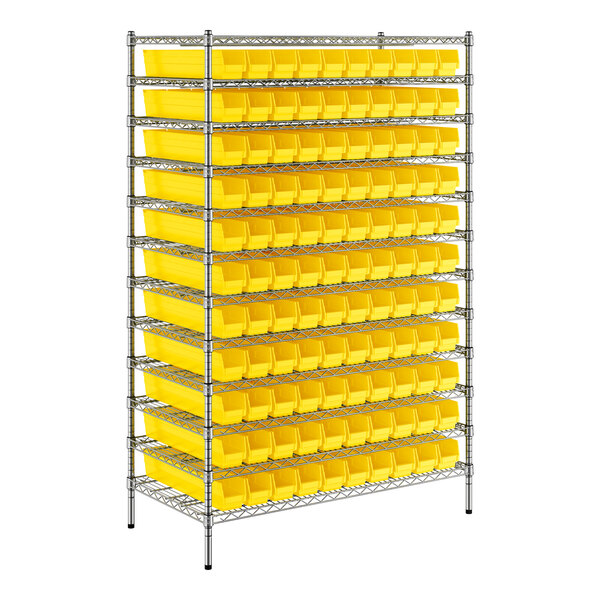 A white metal Regency wire shelving unit with yellow bins.