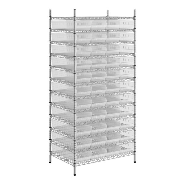 A wireframe Regency metal shelving unit with clear bins on several shelves.