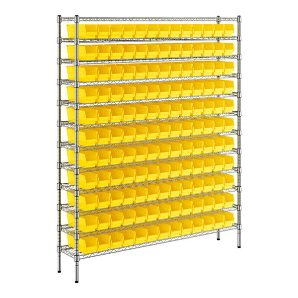 A white metal Regency wire shelving unit with yellow bins.