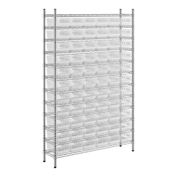 A large metal rack with many clear plastic bins on it.