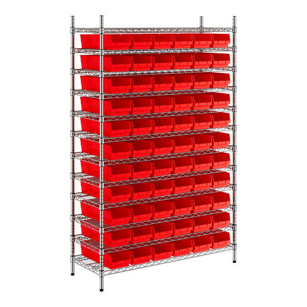 A metal Regency wire shelving unit with red bins on each shelf.