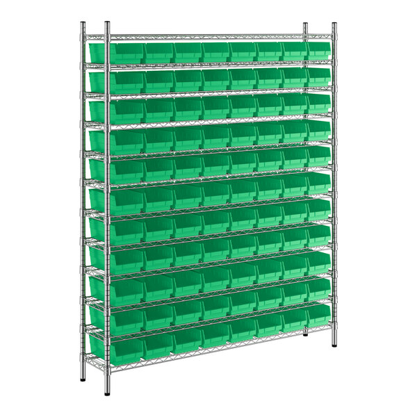 A metal wire shelving unit with green bins on each shelf.