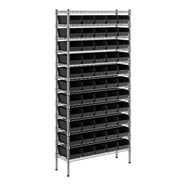 A Regency wire shelving unit with black bins on each shelf.