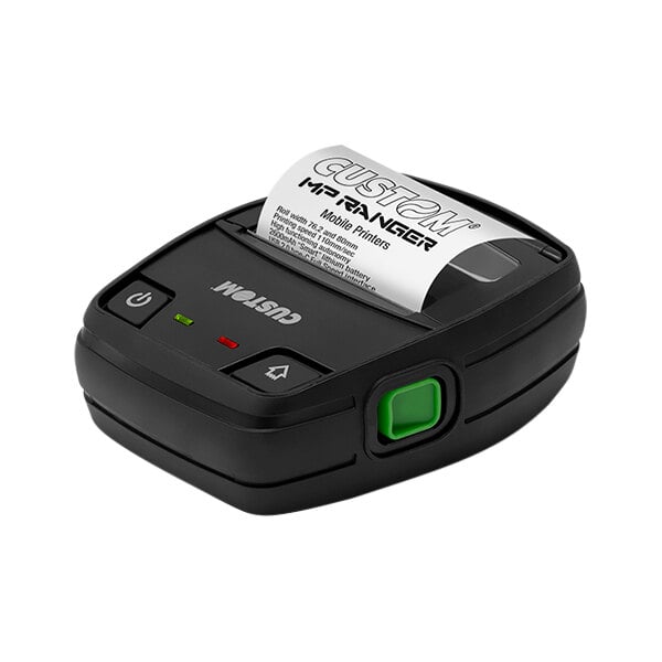A black Custom Ranger 3" Rugged Mobile Printer printing a label.