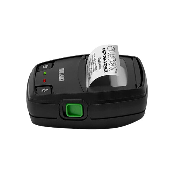 A black Custom Ranger label printer printing a label.
