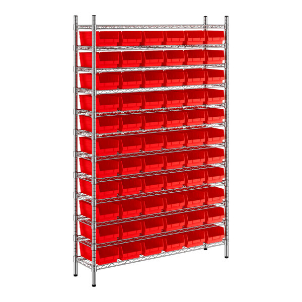 A metal rack with red bins on each shelf.
