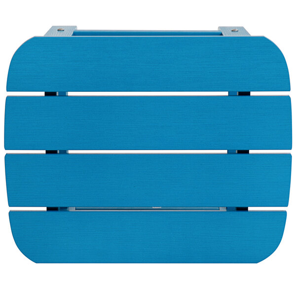 A blue faux wood side table with black metal strips.