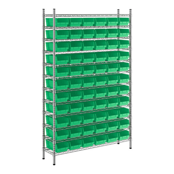 A metal Regency wire shelving unit with green bins on each shelf.