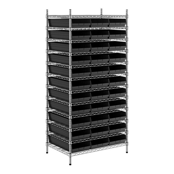 A metal wire shelving unit with black bins on the shelves.