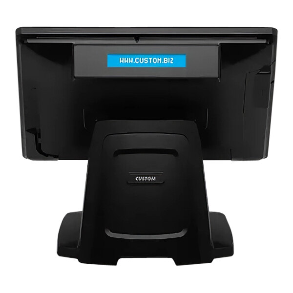 A black Custom PATH15 POS touch screen computer on a counter.