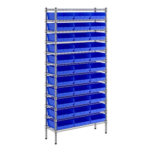 A Regency metal wire shelving unit with blue plastic bins.