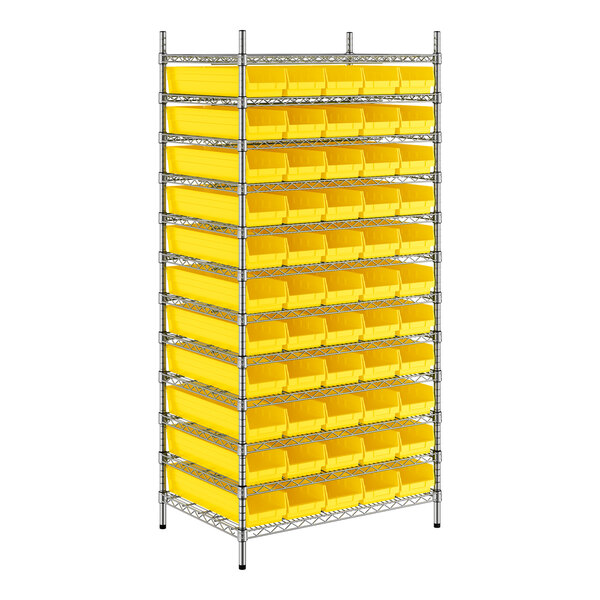 A metal rack with yellow bins on each shelf.