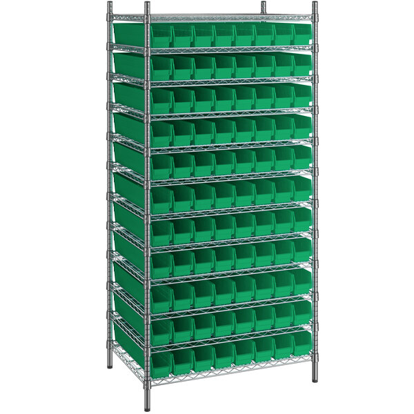 Regency 24 x 48 x 74 Wire Shelving Unit with 91 Green Bins