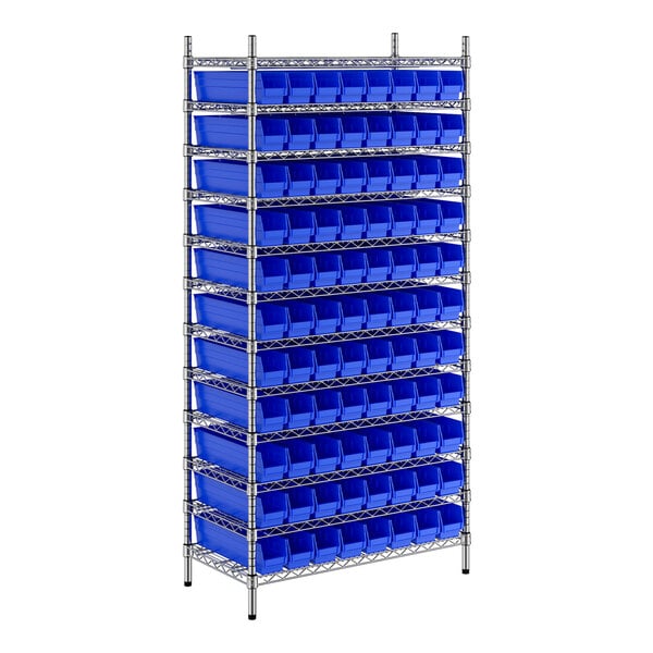 A Regency metal wire shelving unit with blue bins on a metal rack.