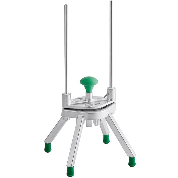 A white and green plastic Garde apple corer with 8 sections and a green handle.