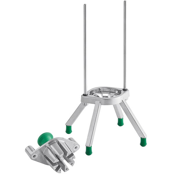 A metal stand with green handles and 8 metal coring sections.