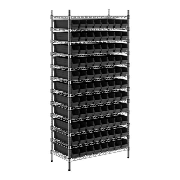 A Regency metal wire shelving unit with black bins.