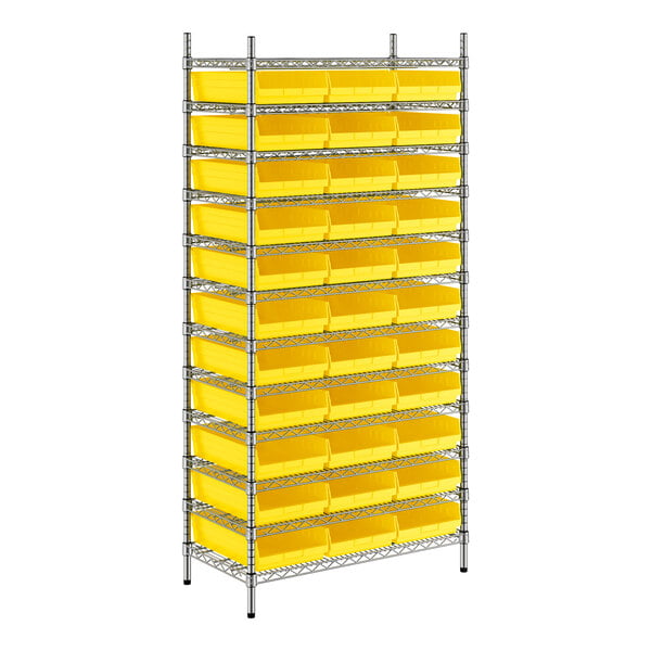 A metal wire shelving unit with yellow bins on it.