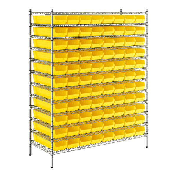 A Regency wire shelving unit with yellow bins on each shelf.