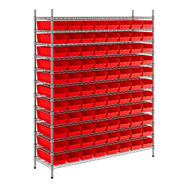 A Regency metal wire shelving unit with red bins on the shelves.