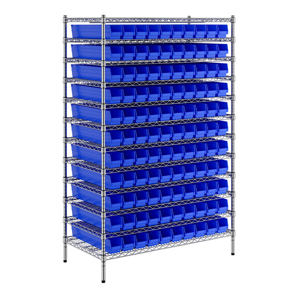 A Regency metal wire shelving unit with blue bins on shelves.