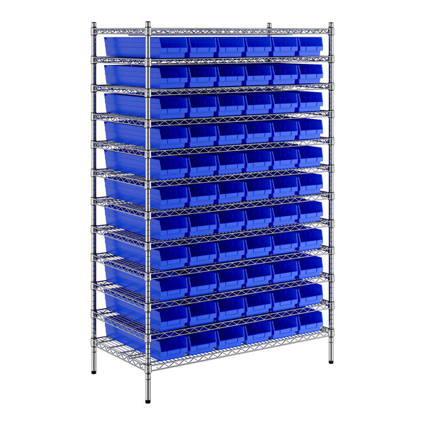 A metal rack with blue bins on it.