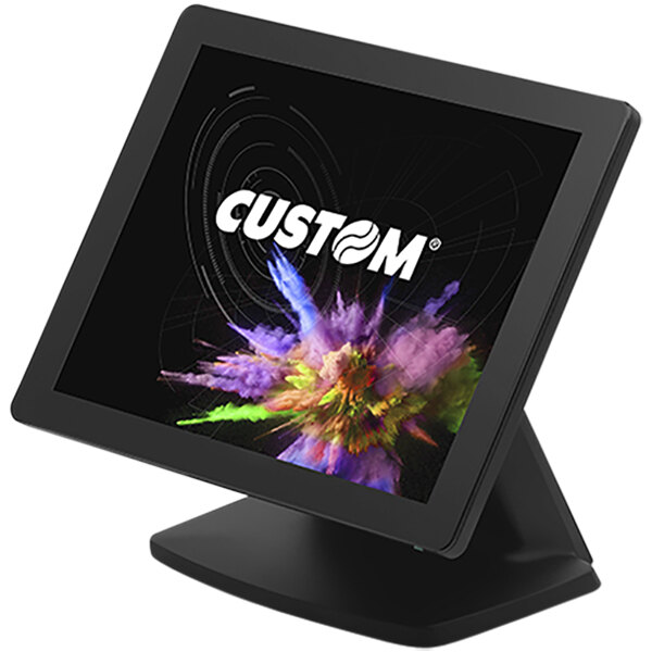 A black Custom POS touch screen monitor on a table.