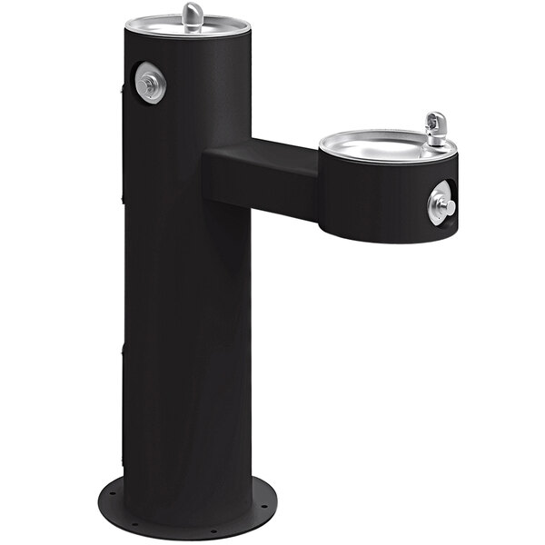 A black outdoor Elkay bi-level drinking fountain with two faucets.