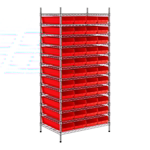 A large metal rack with red bins on white shelves.