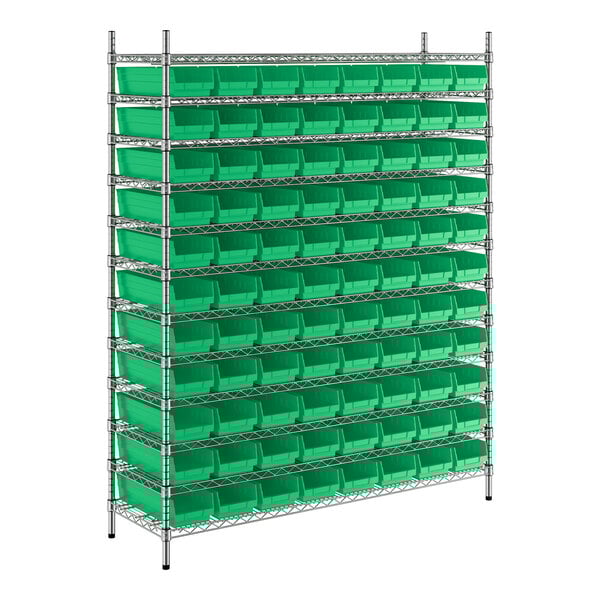 A large metal rack with green bins on each shelf.