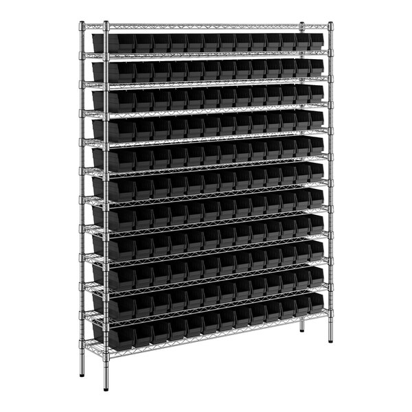 A metal wire shelving unit with black bins on the shelves.