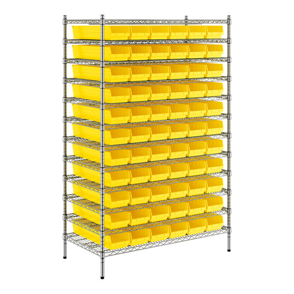 A metal rack with yellow bins on each shelf.