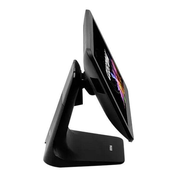 A close-up of a black Custom Silk POS computer with a colorful screen.