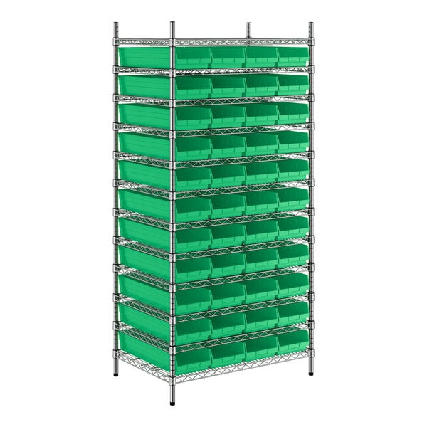 A metal Regency wire shelving unit with green bins on it.