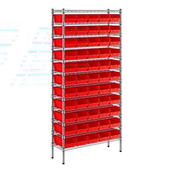 A metal wire shelving unit with red bins on each shelf.