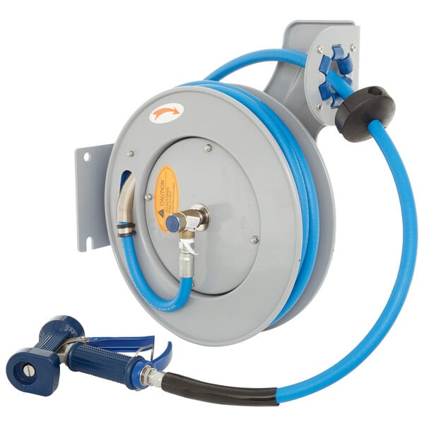 A T&S open epoxy coated steel hose reel with a hose attached.