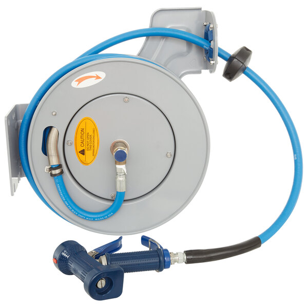 An open epoxy coated steel hose reel with a blue hose attached.