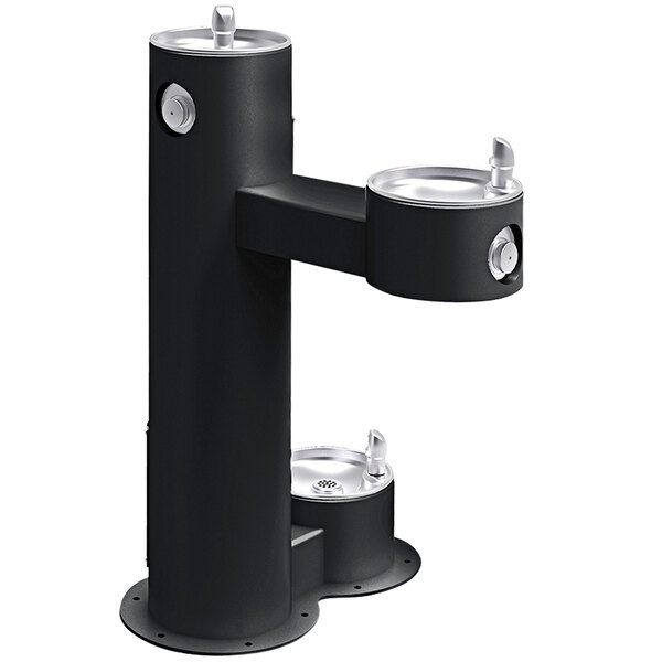 A black Elkay outdoor bi-level drinking fountain with two water dispensers.