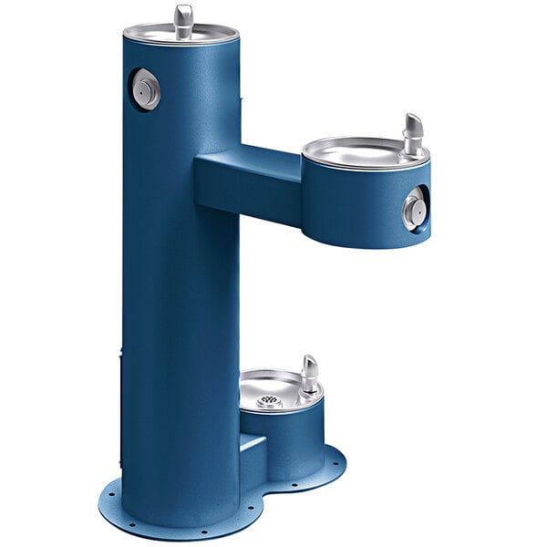 An Elkay blue non-filtered outdoor bi-level pedestal drinking fountain with two drinking fountains.