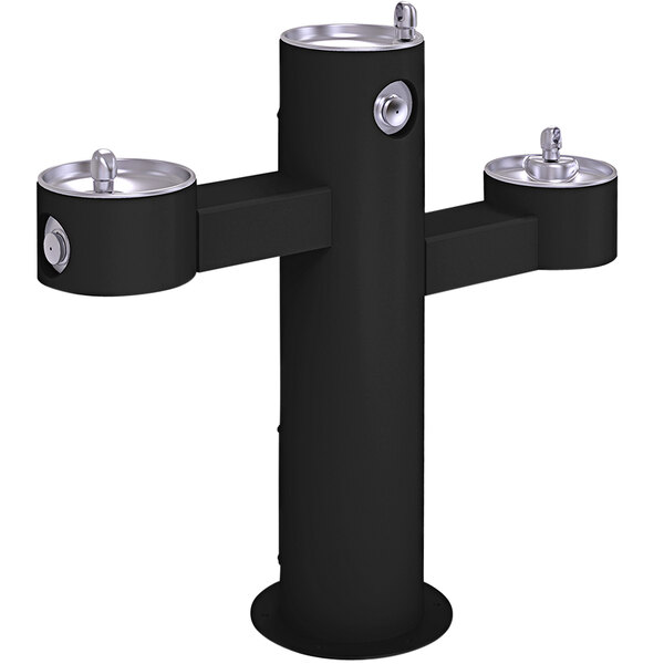 A black metal Elkay outdoor tri-level pedestal drinking fountain with two silver water spouts.