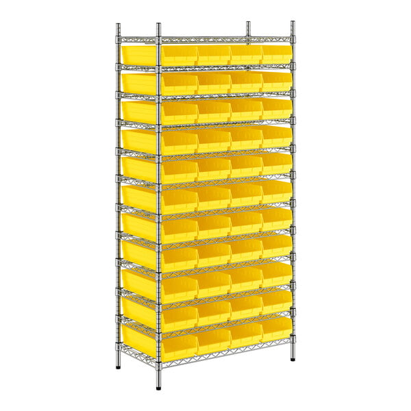 A metal wire shelving unit with yellow bins on each shelf.