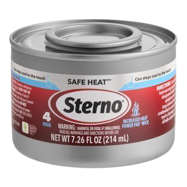 A can of Sterno 4 Hour Safe Heat chafing fuel with Power Pad, containing 7.26 fl oz (214 mL).